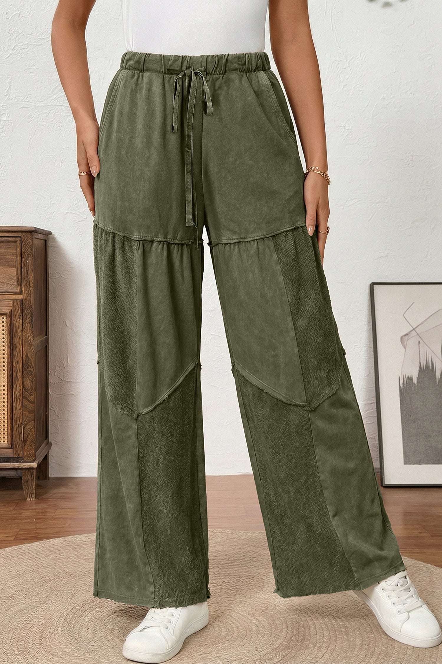 Vineyard Green Mineral Wash Tiered Wide Leg Patchwork Drawstring Pants