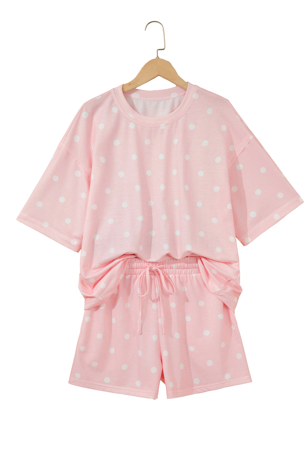 Pink Polka Dot Short Sleeve Loose Top Drawstring Shorts Set