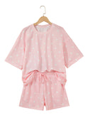 Pink Polka Dot Short Sleeve Loose Top Drawstring Shorts Set