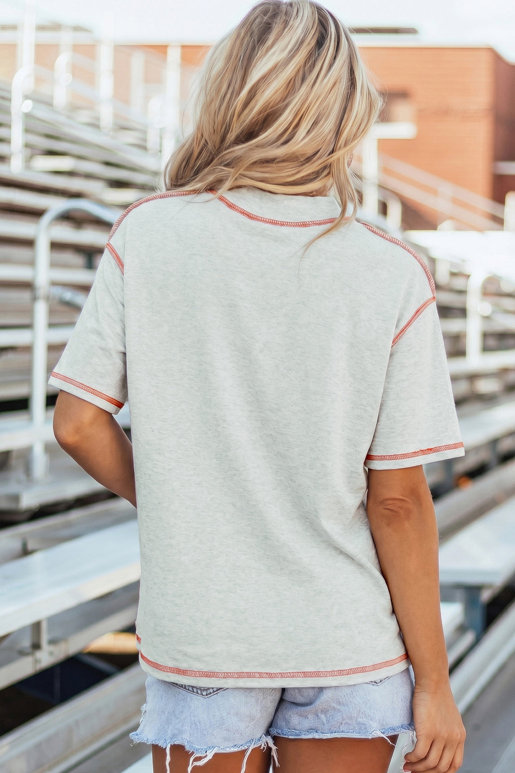 Light Grey Sequin Rugby Football Pattern Contrast Stitched T Shirt