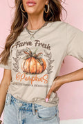 Khaki Farm Fresh Pumpkin Slogan Fall Thanksgiving Graphic Tee