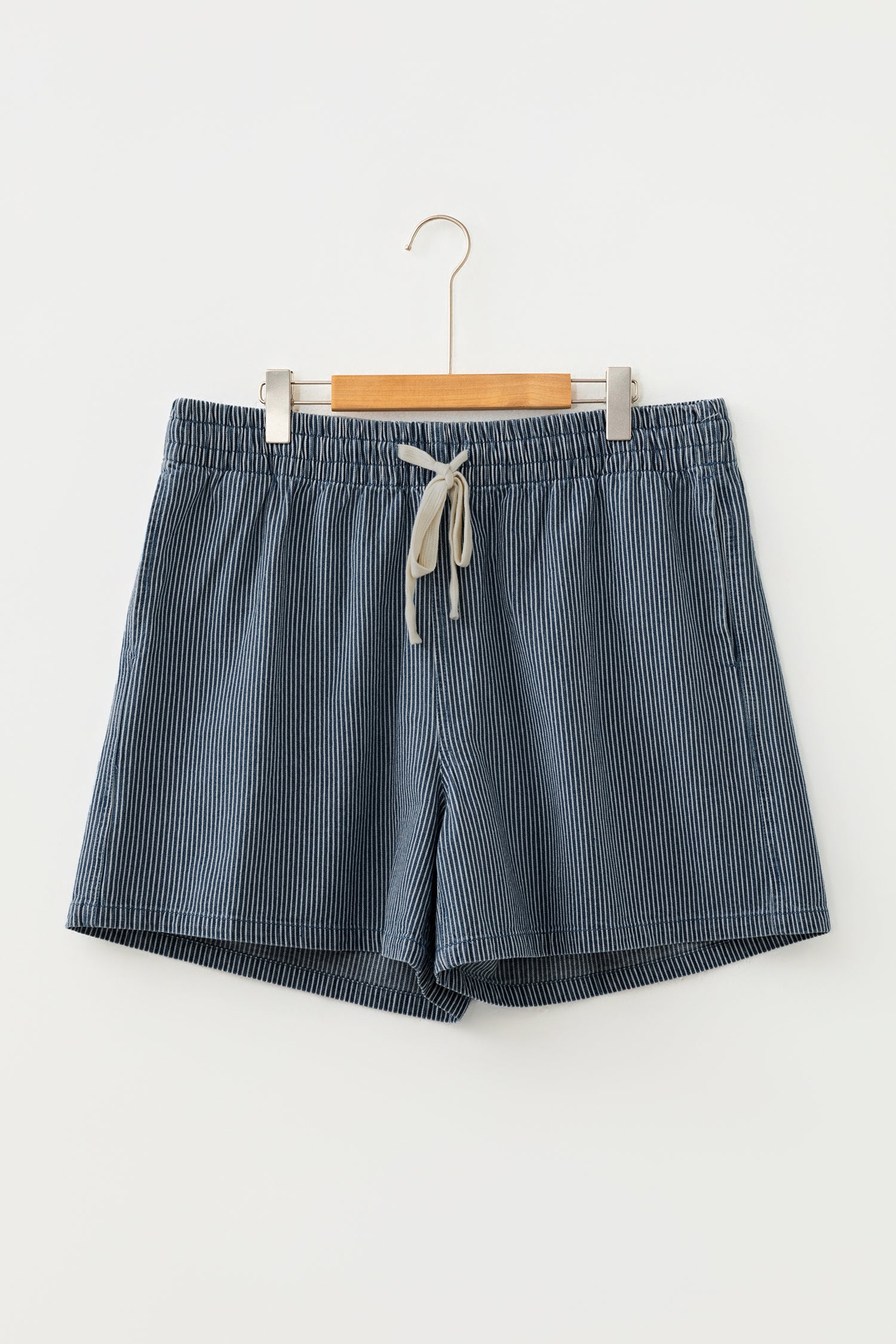Blue Stripe Plus Size Contrast Drawstring Elastic Waist Denim Shorts