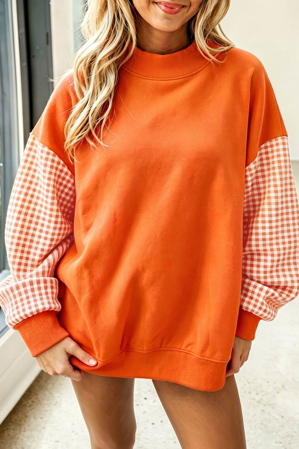 Fiery Red Plaid Sleeve Colorblock Loose Tunic Sweatshirt