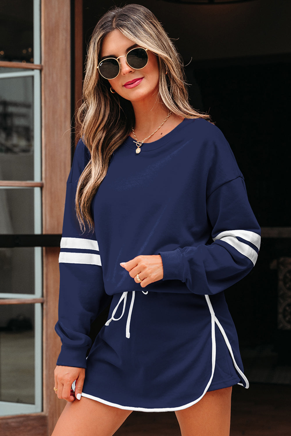 Orange Varsity Stripe Detail Drop Shoulder Pullover Mini Skort Set