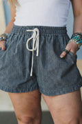 Blue Stripe Plus Size Contrast Drawstring Elastic Waist Denim Shorts