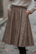 Brown Solid Color Textured Pleated Midi Skirt