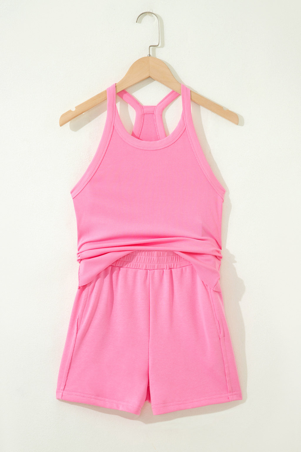 Sachet Pink Slim Tank Top Elastic High Waist Shorts 2pcs Outfit
