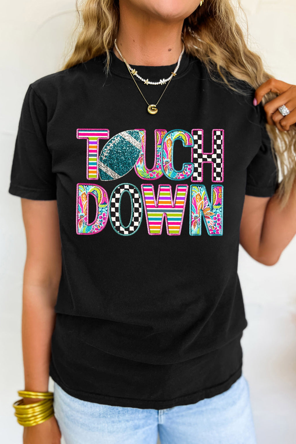 Black Playful TOUCHDOWN Letter Graphic Casual Round Neck T-Shirt