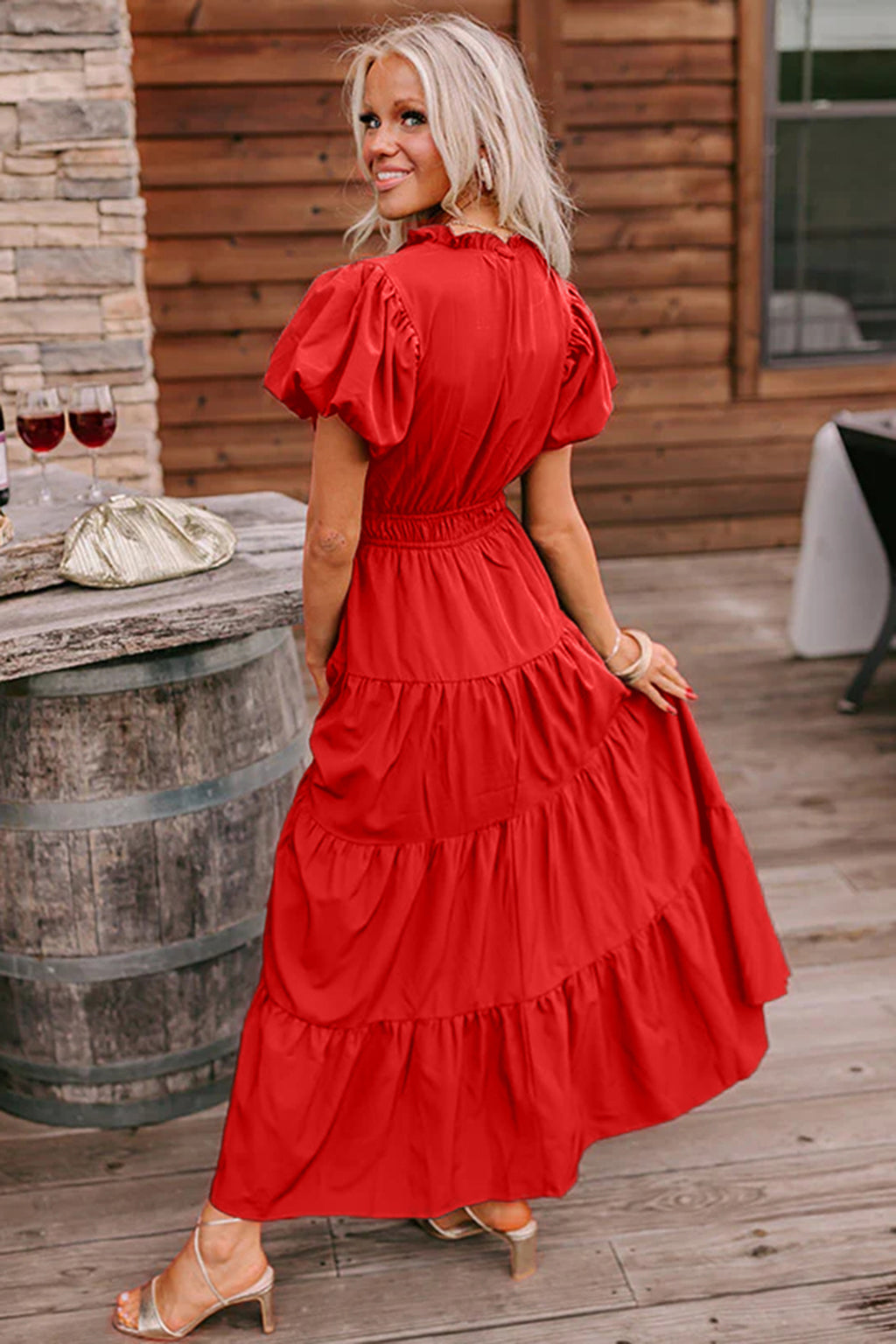 Gossamer Pink Solid Color V Neck Short Puff Sleeve High Waist Tiered Maxi Dress