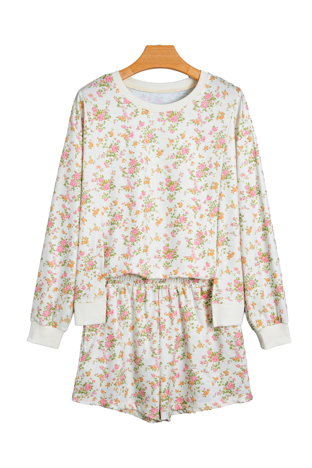 Beige Floral Print Long Sleeve Shift Top Pocketed Shorts 2pcs Set