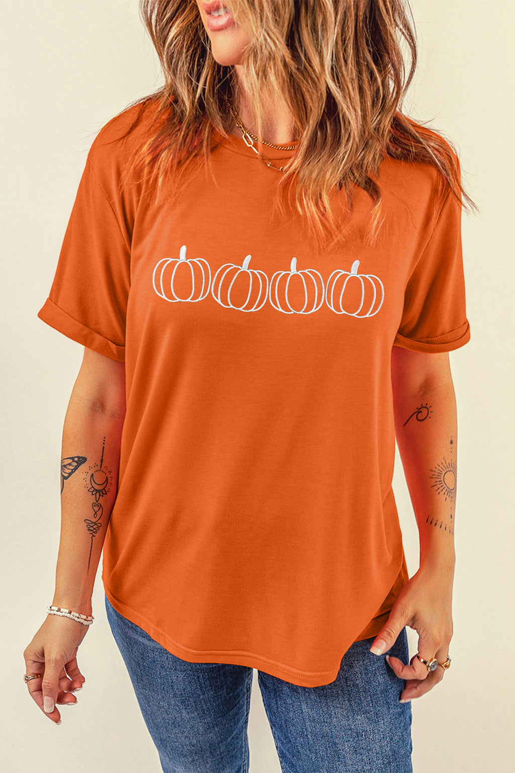 Orange Casual Pumpkin Embroidered Round Neck T-Shirt