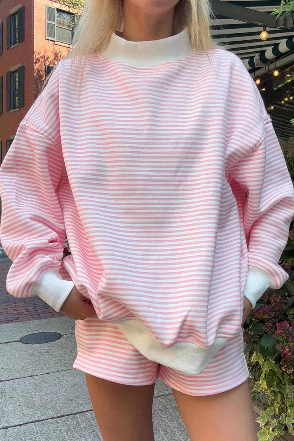 Sky Blue Stripe Oversize Mock Neck Sweatshirt and Shorts Set