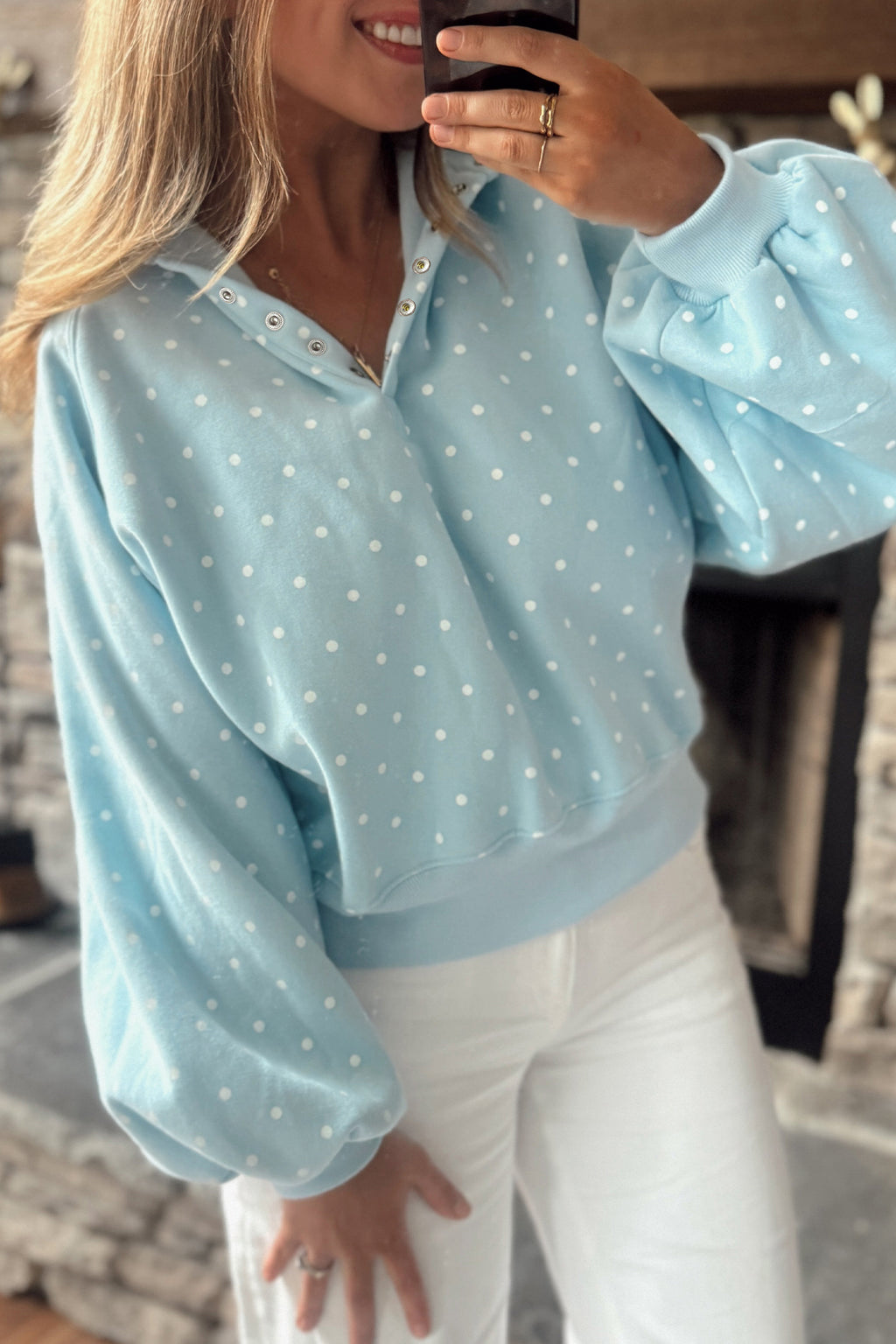 Pink Polka Dot Print Metal Button Collar Casual Pullover Sweatshirt