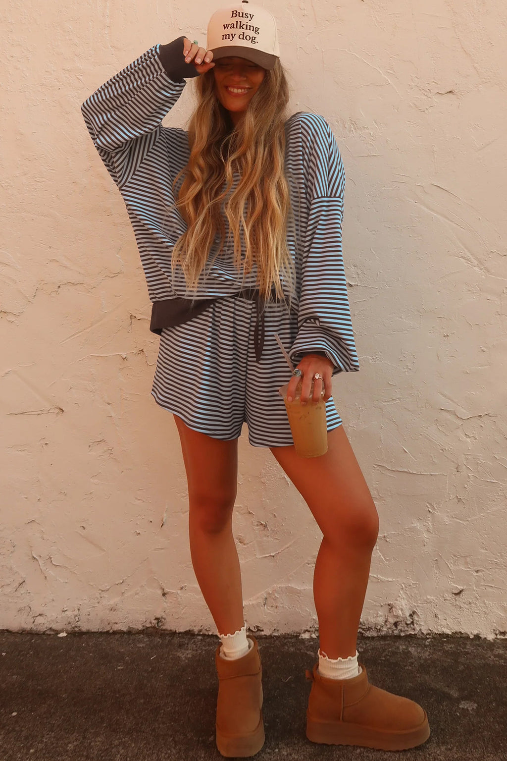 Yellow Stripe Oversized Long Sleeve Top Drawstring Loose Shorts 2pcs Set
