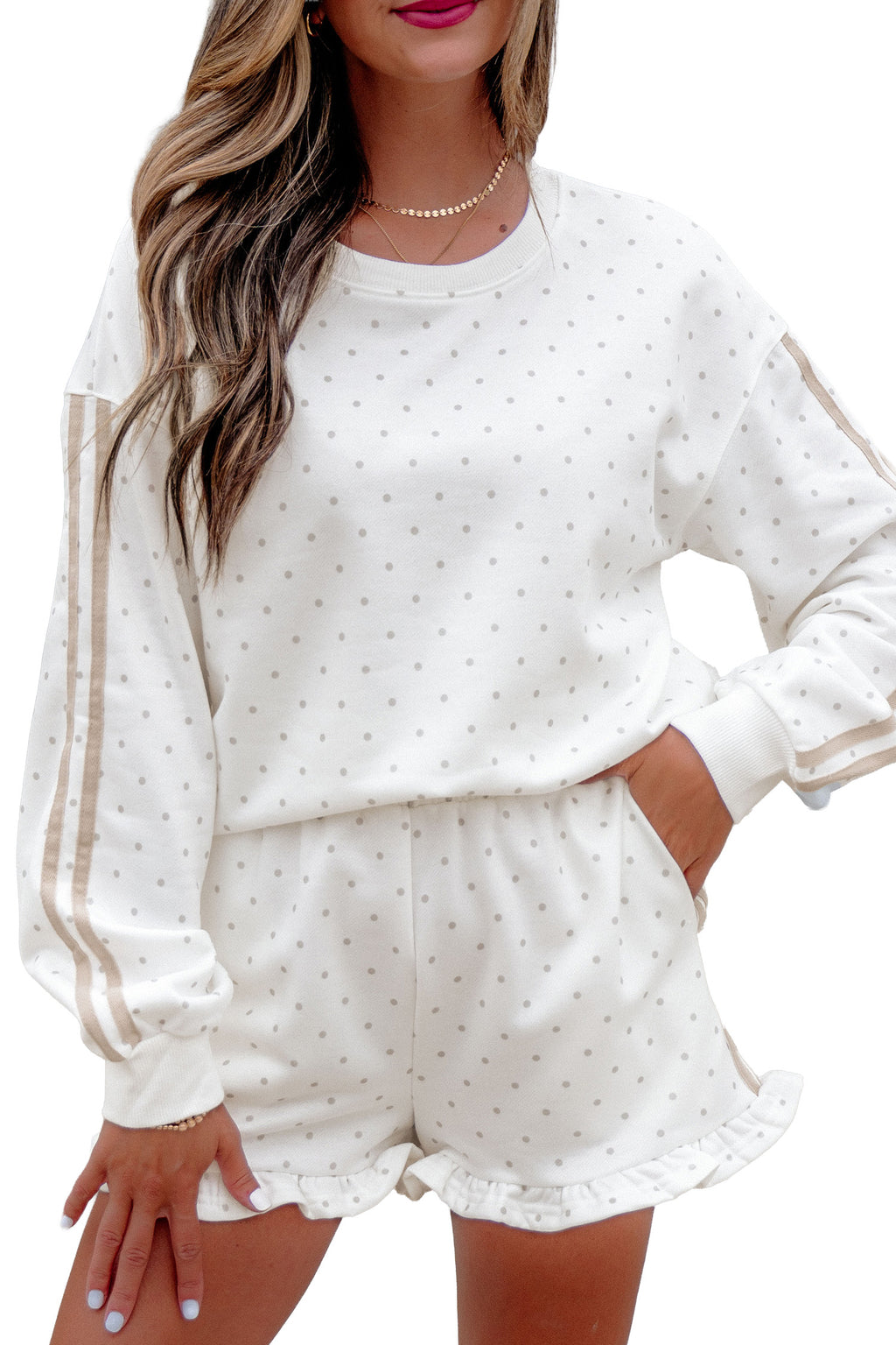 White Polka Dot Print Side Stripe Detail Casual Sweatshirt 2pcs Short Set