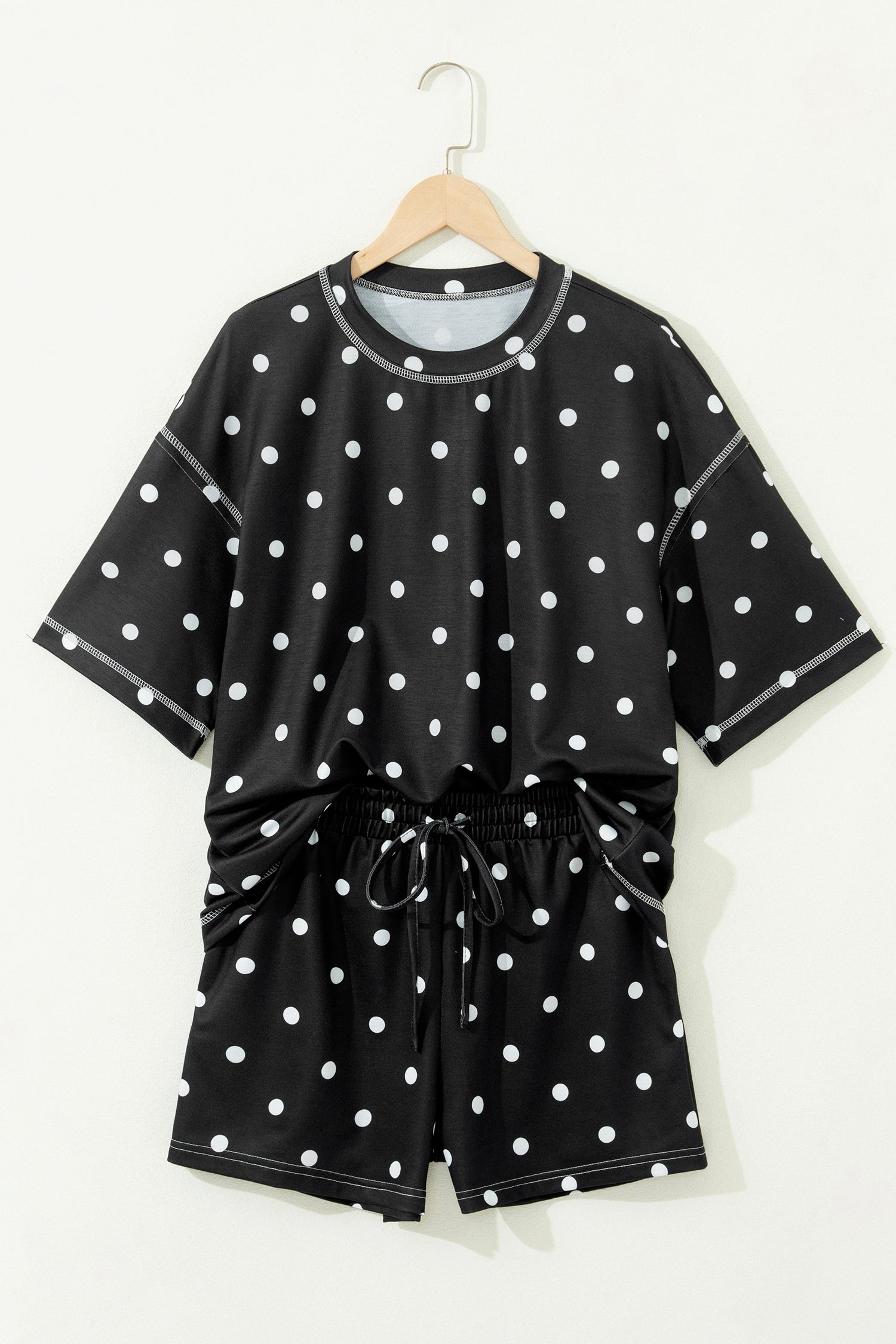 Pink Polka Dot Short Sleeve Loose Top Drawstring Shorts Set