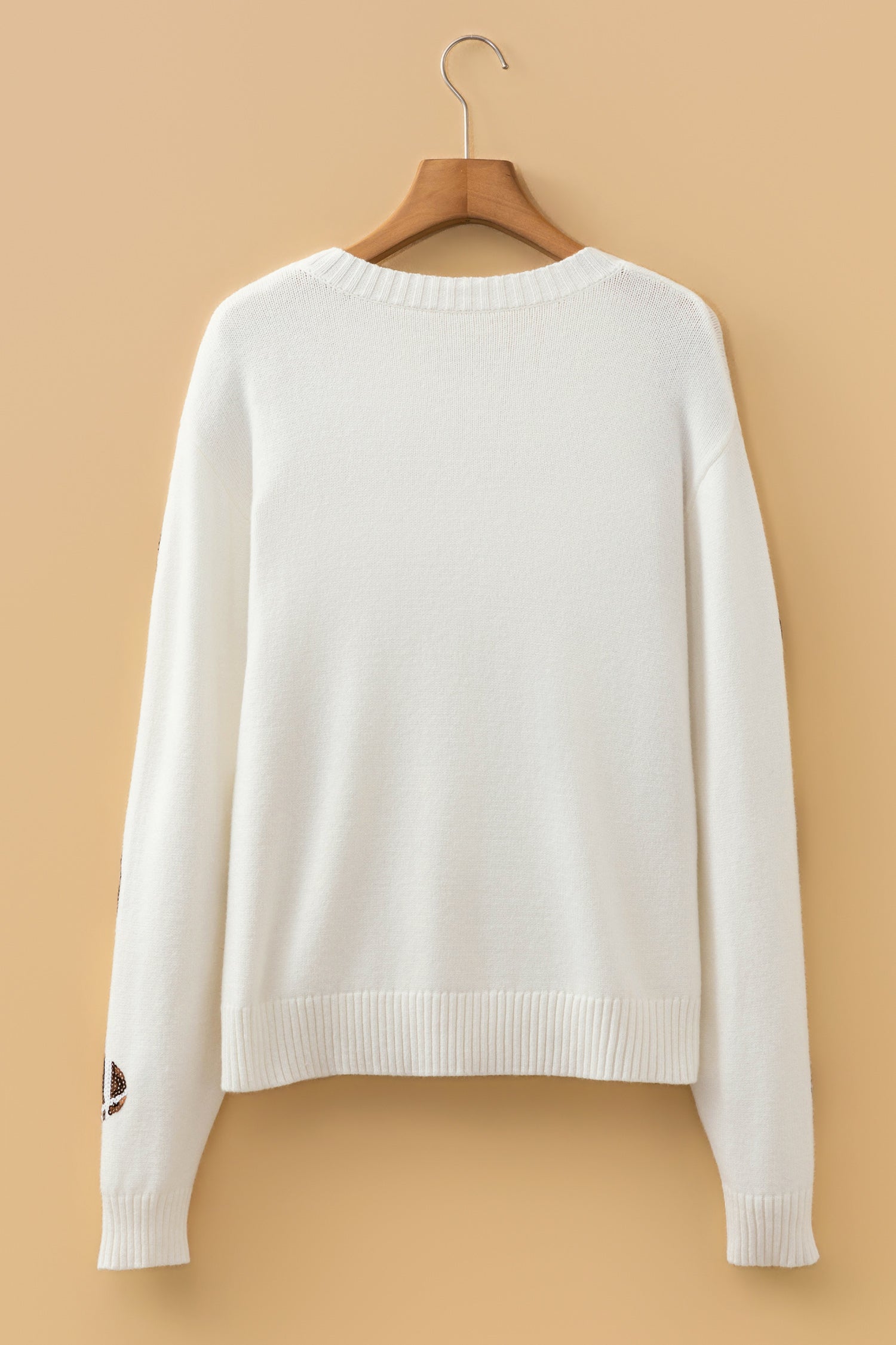 Beige Sequin Football Print Round Neck Long Sleeve Loose Fit Sweater