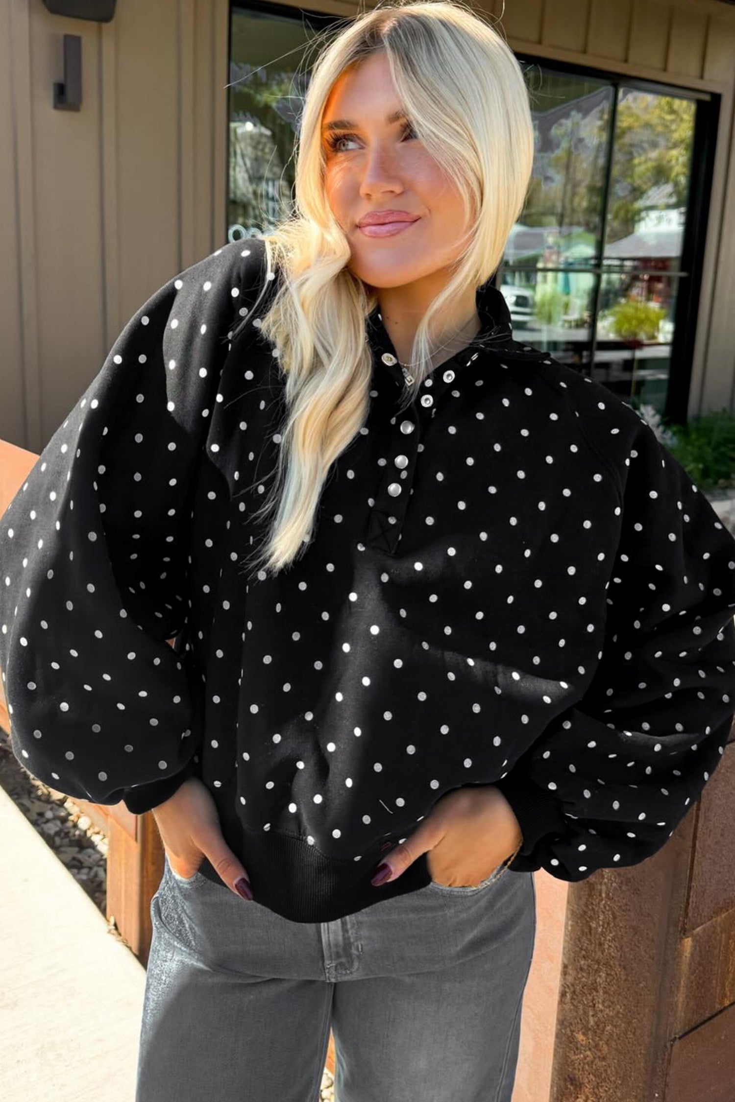 Pink Polka Dot Print Metal Button Collar Casual Pullover Sweatshirt