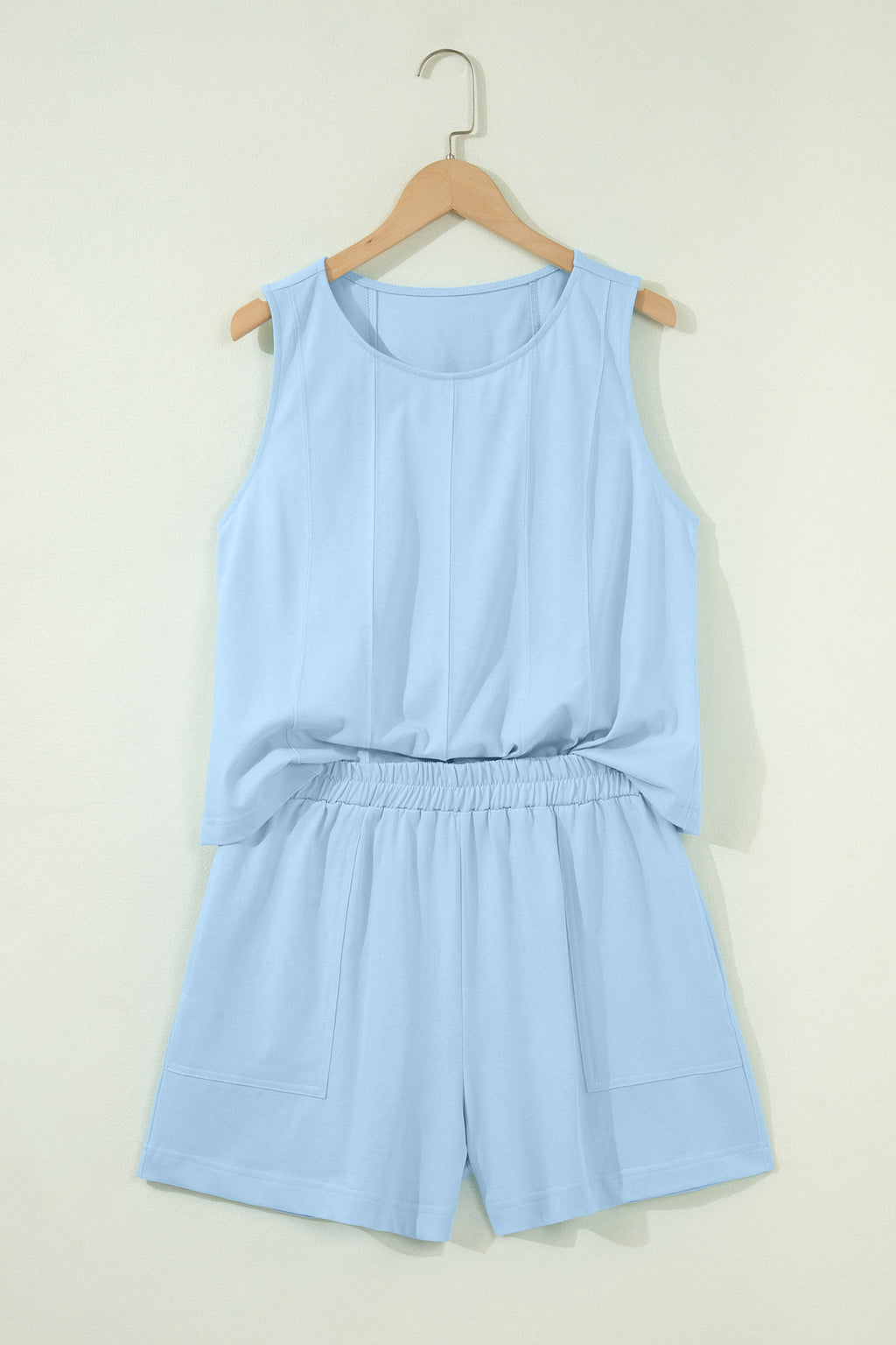 Pink Stitched Detail Loose Tank Top Cotton 2pcs Short Set
