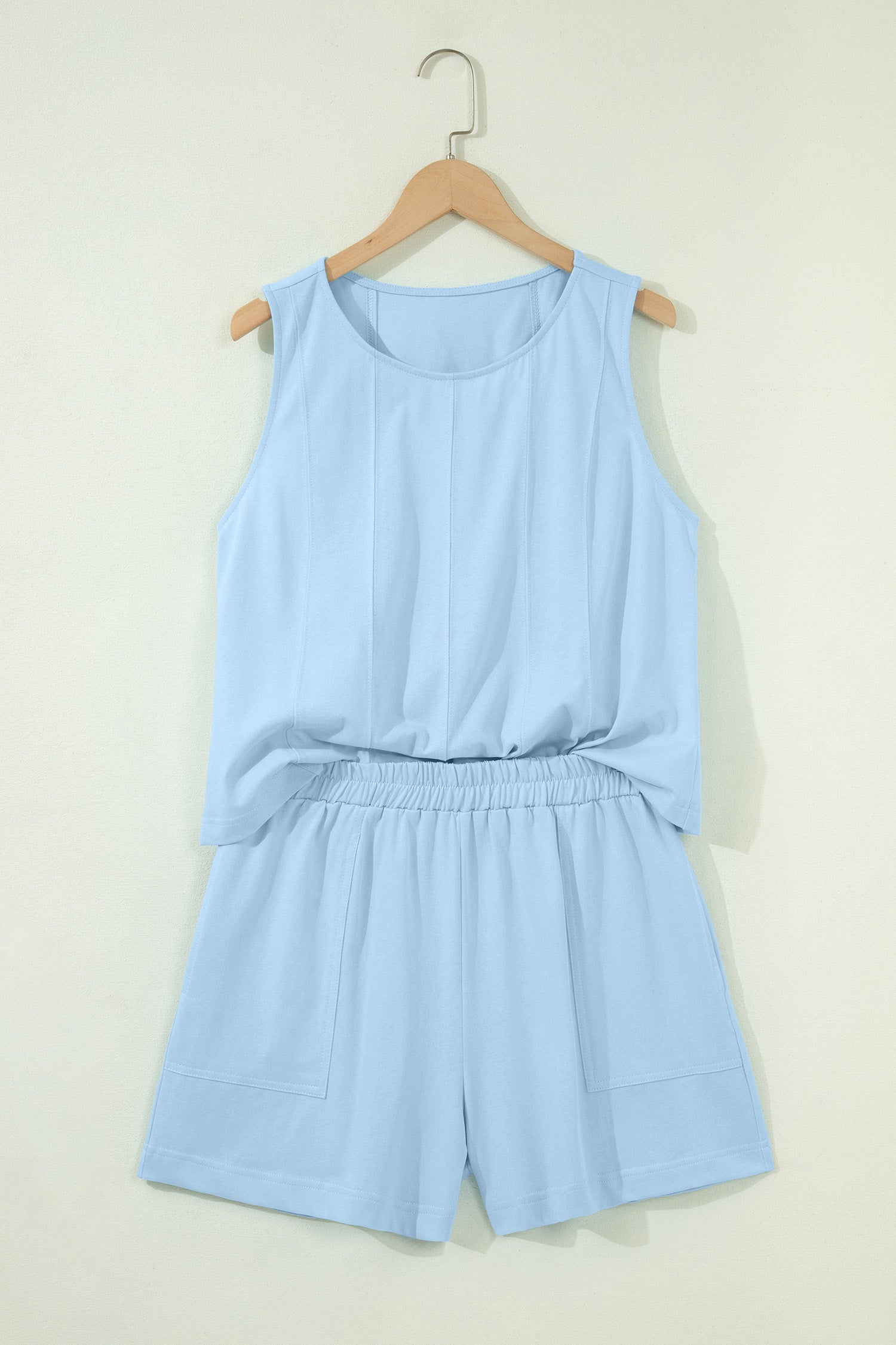 Pink Stitched Detail Loose Tank Top Cotton 2pcs Short Set