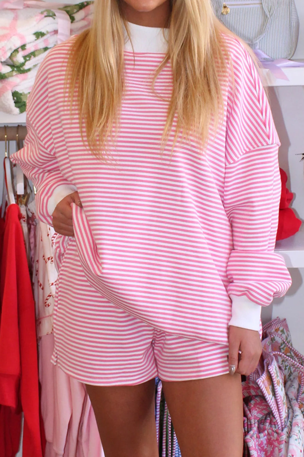 Sky Blue Stripe Oversize Mock Neck Sweatshirt and Shorts Set