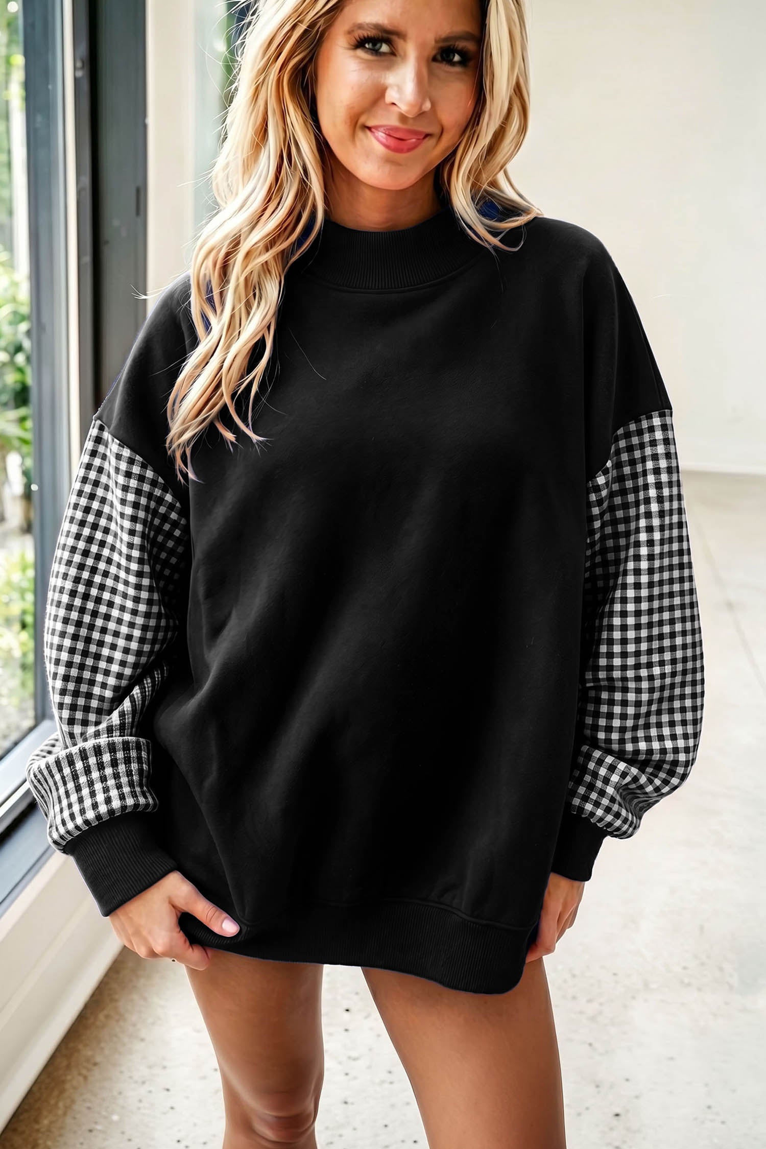 Fiery Red Plaid Sleeve Colorblock Loose Tunic Sweatshirt