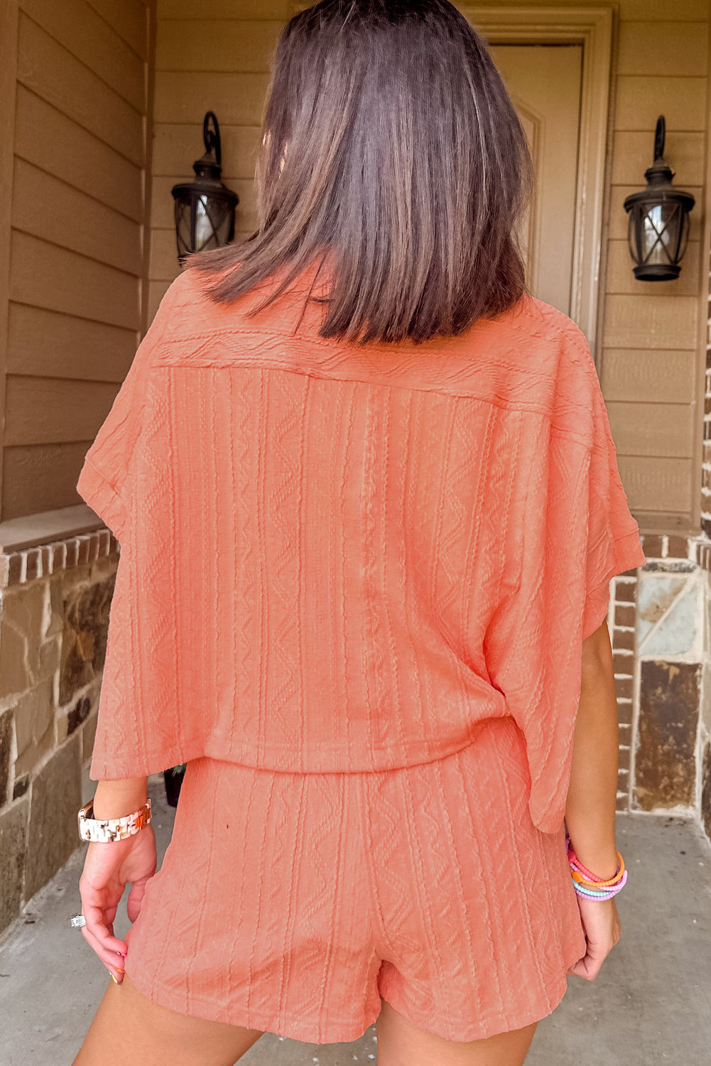 Jet Stream Textured Patched Pocket Short Sleeve Top and Drawstring Shorts Set