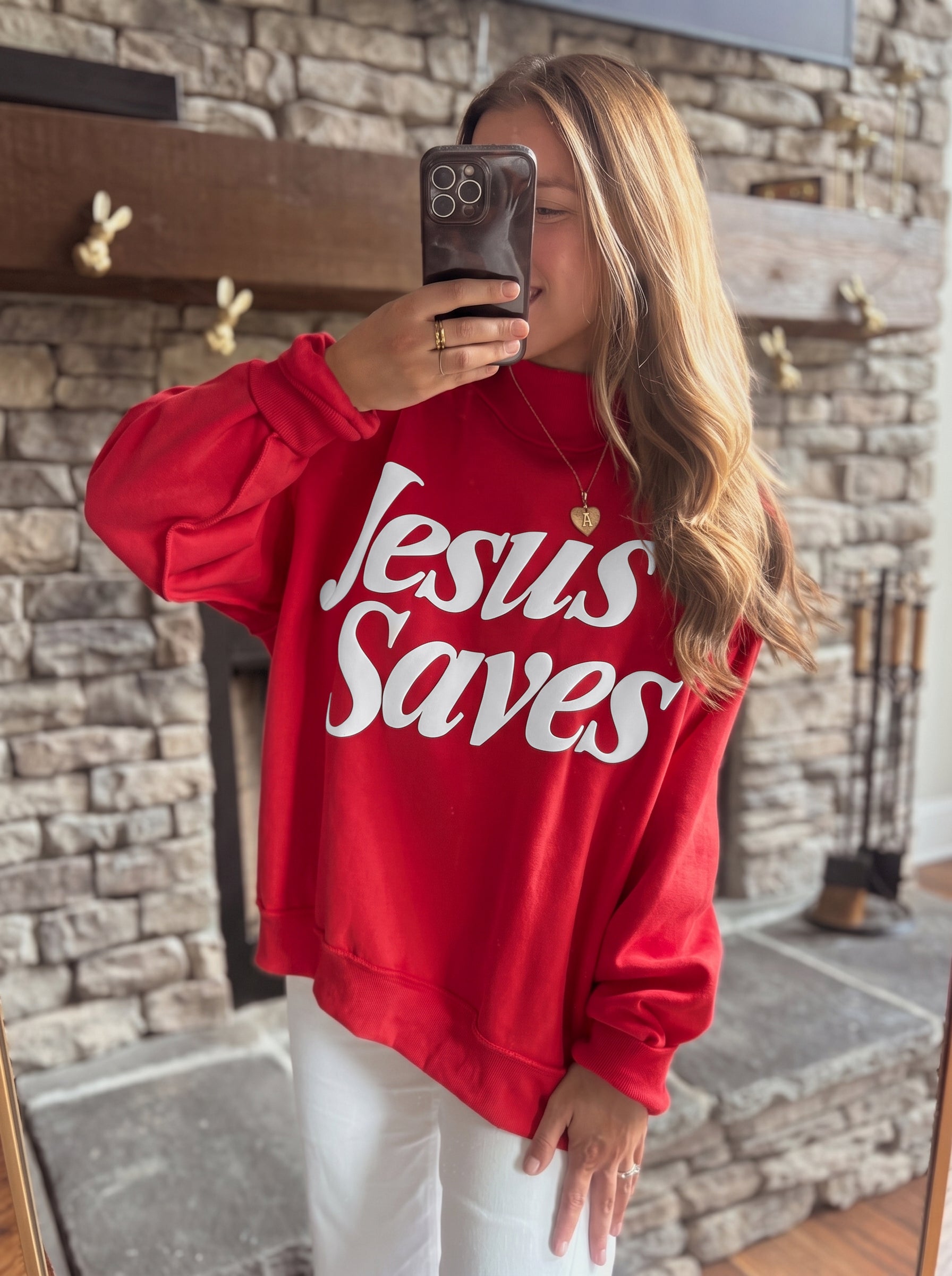 Mist Blue Jesus Saves Slogan Print Stand Neck Baggy Sweatshirt