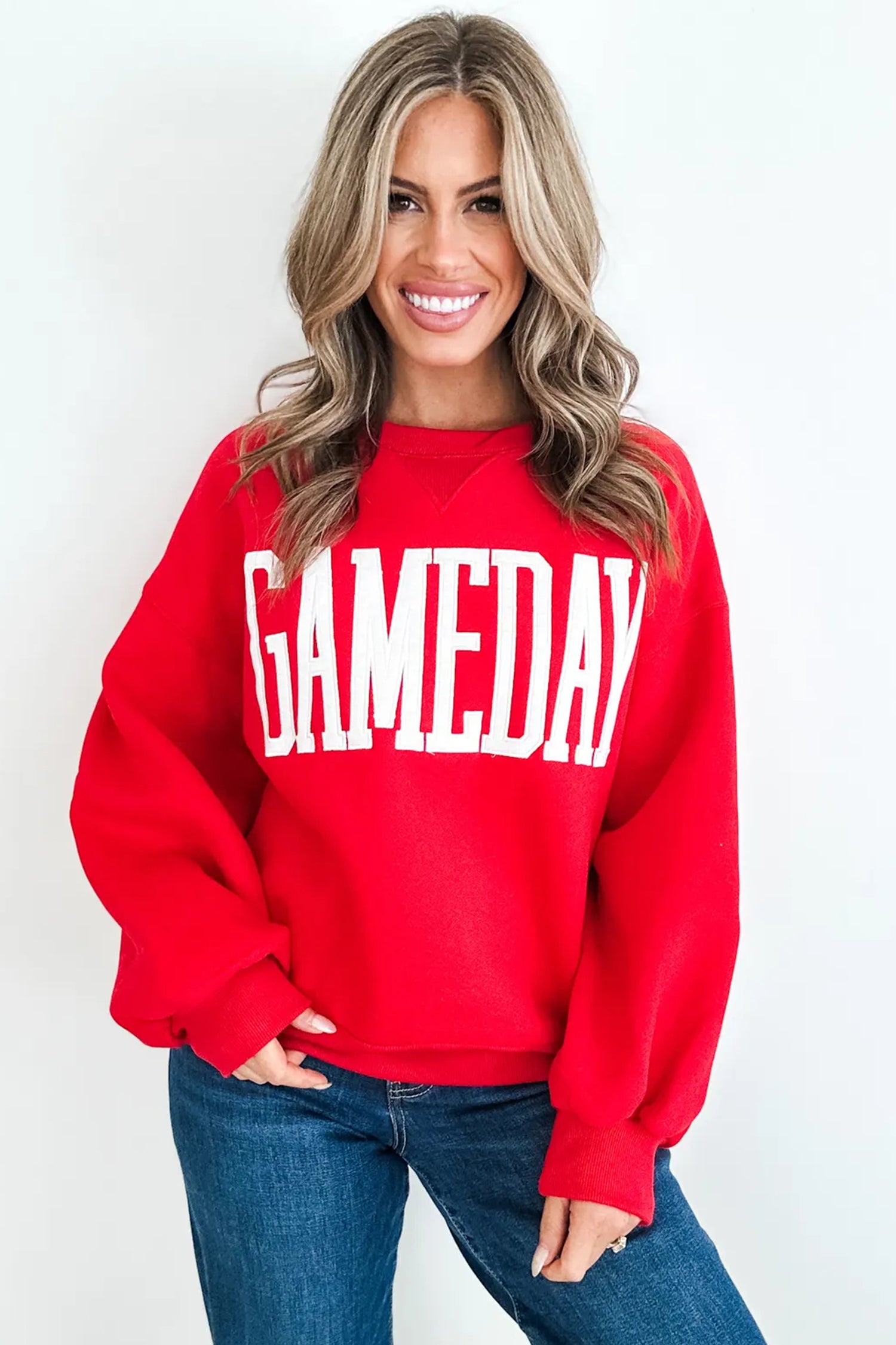 Sky Blue GAMEDAY Embroidered Patch Pattern Casual Shift Sweatshirt