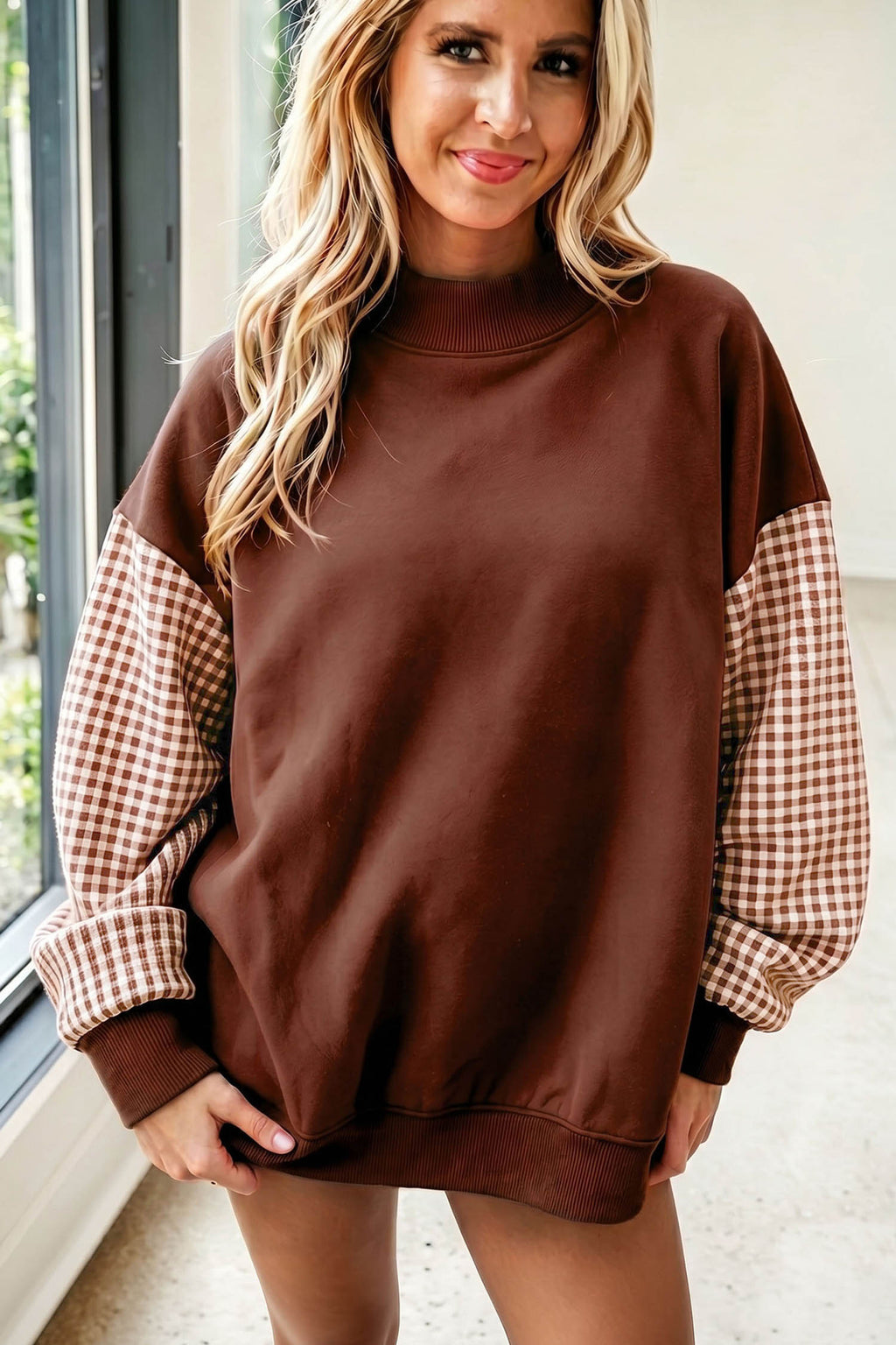 Fiery Red Plaid Sleeve Colorblock Loose Tunic Sweatshirt