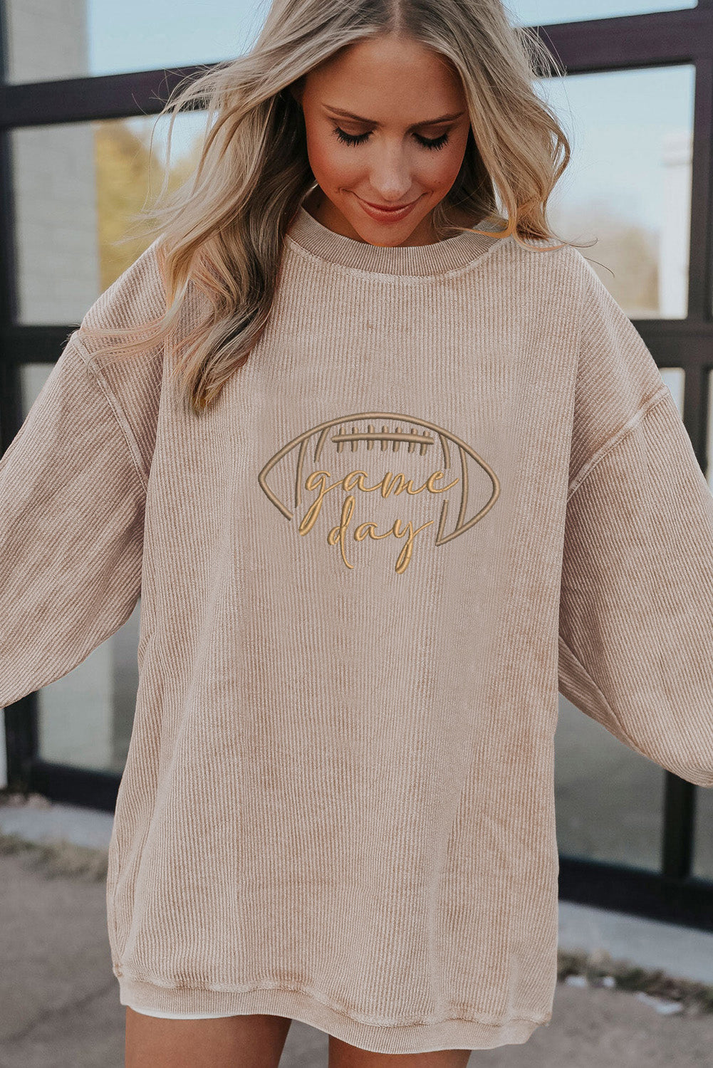 Orange Rugby Game Day Embroidered Corduroy Sweatshirt