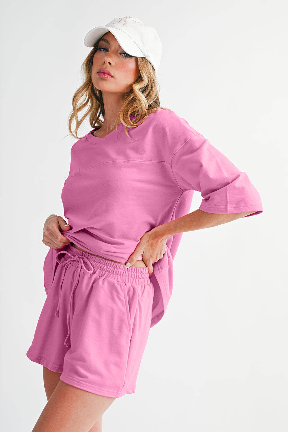 Bonbon Loose V Neck Tee and Drawstring Shorts Set