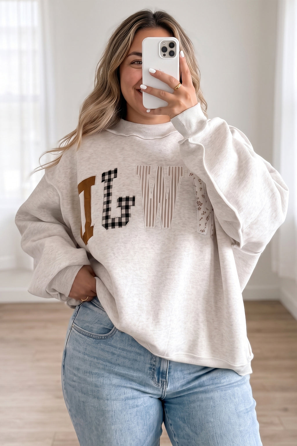 Gray WWJD Mix Pattern Letter Graphic Exposed Seam Loose Plus Size Sweatshirt