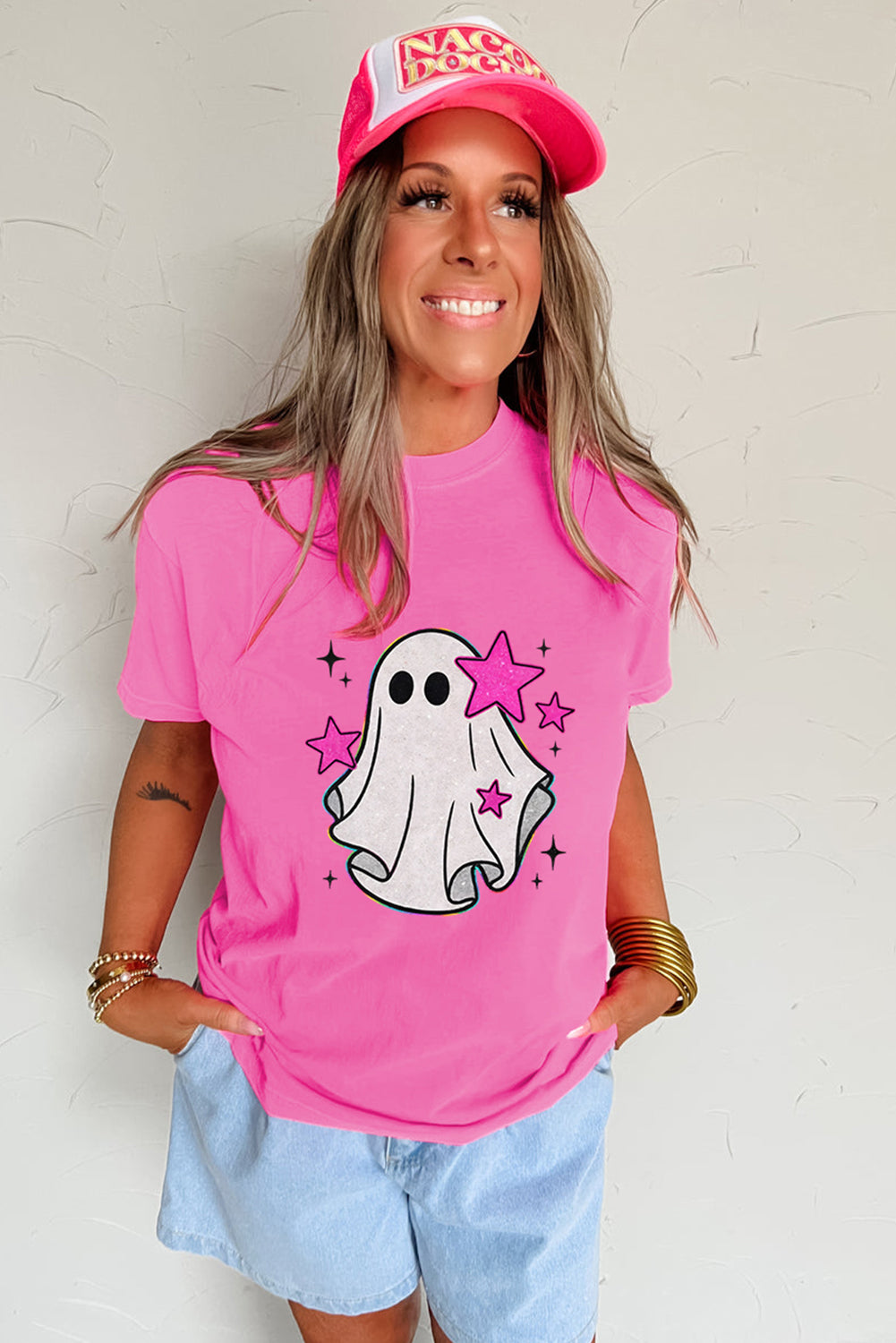 Sachet Pink Ghost Heat Transfer Printing Halloween T Shirt