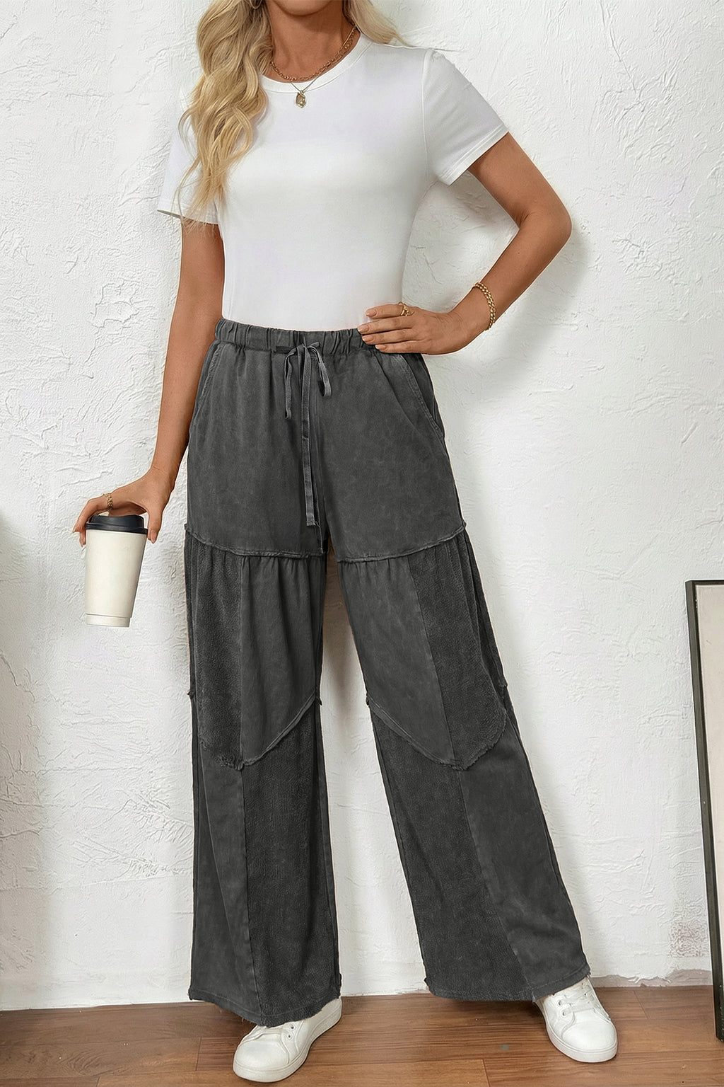 Vineyard Green Mineral Wash Tiered Wide Leg Patchwork Drawstring Pants