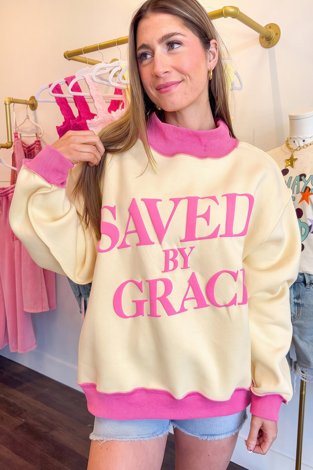Bright Pink Saved By Grace Print Color Block Mock Neck Oversized Sweatshirt