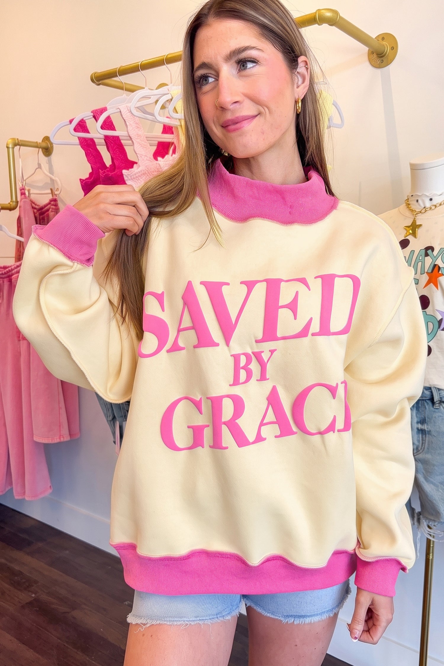 Bright Pink Saved By Grace Print Color Block Mock Neck Oversized Sweatshirt