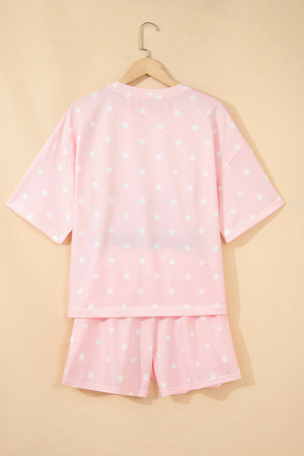 Pink Polka Dot Short Sleeve Loose Top Drawstring Shorts Set