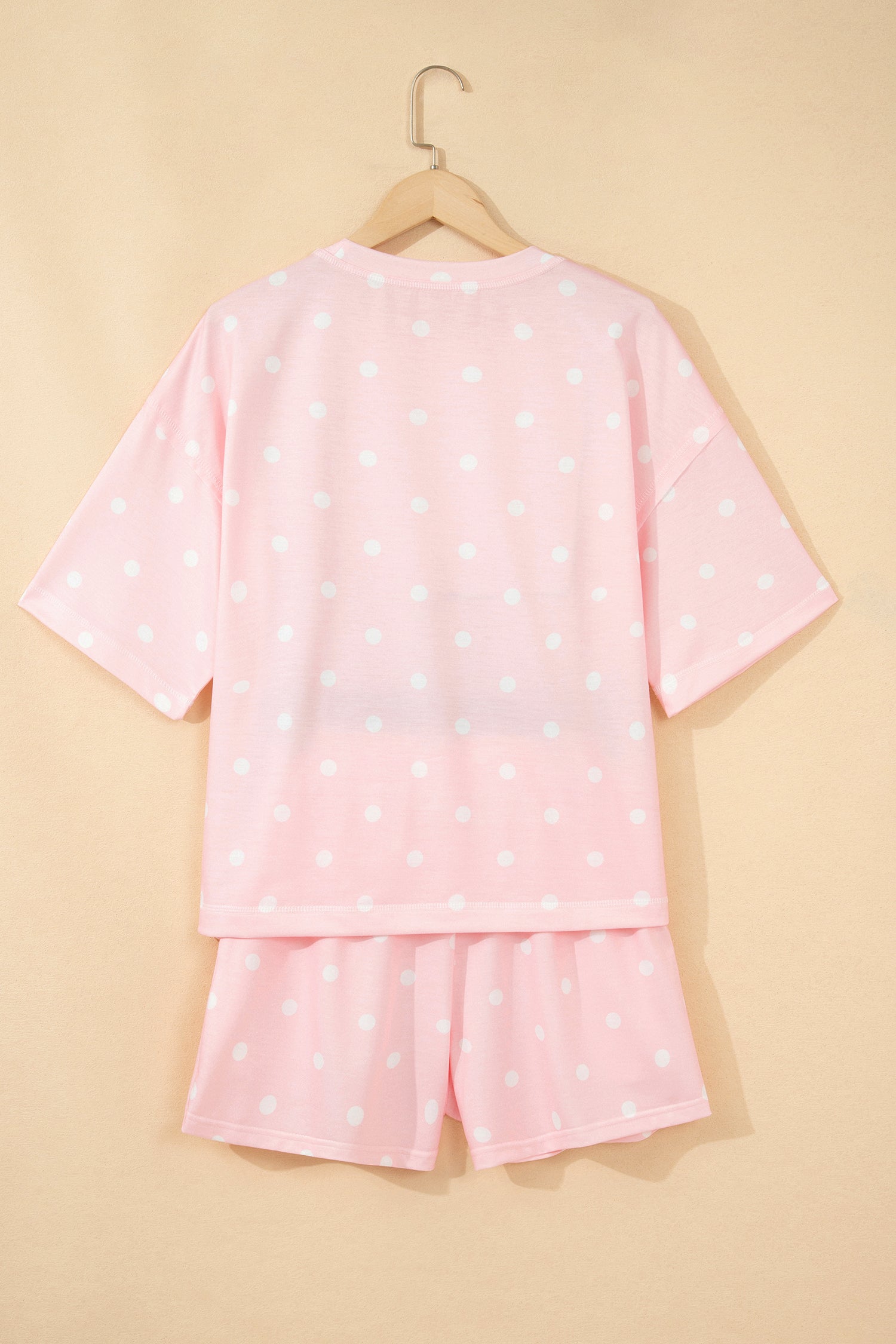 Pink Polka Dot Short Sleeve Loose Top Drawstring Shorts Set