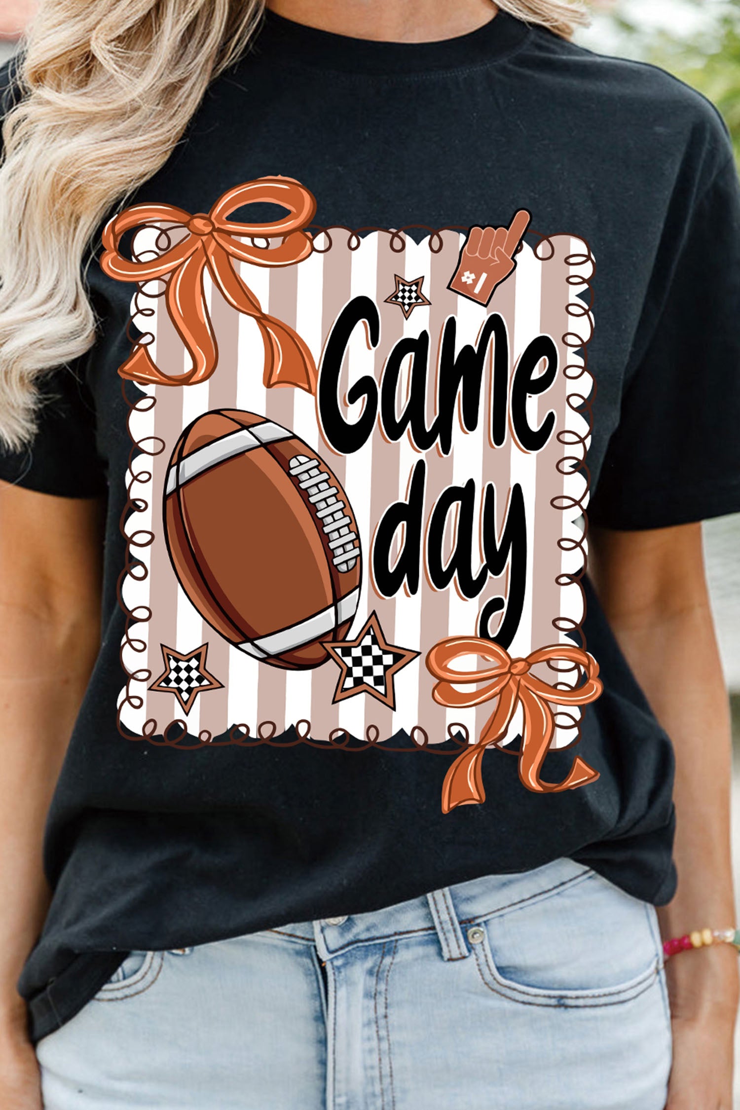 Black Casual Game Day Football Striped Tee
