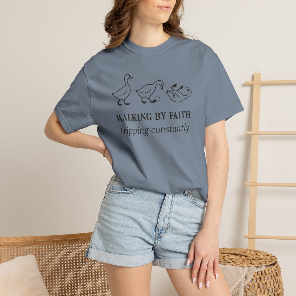 Faith Ducks T-Shirt — "Walking by Faith, tripping constantly" Christian Graphic Tee