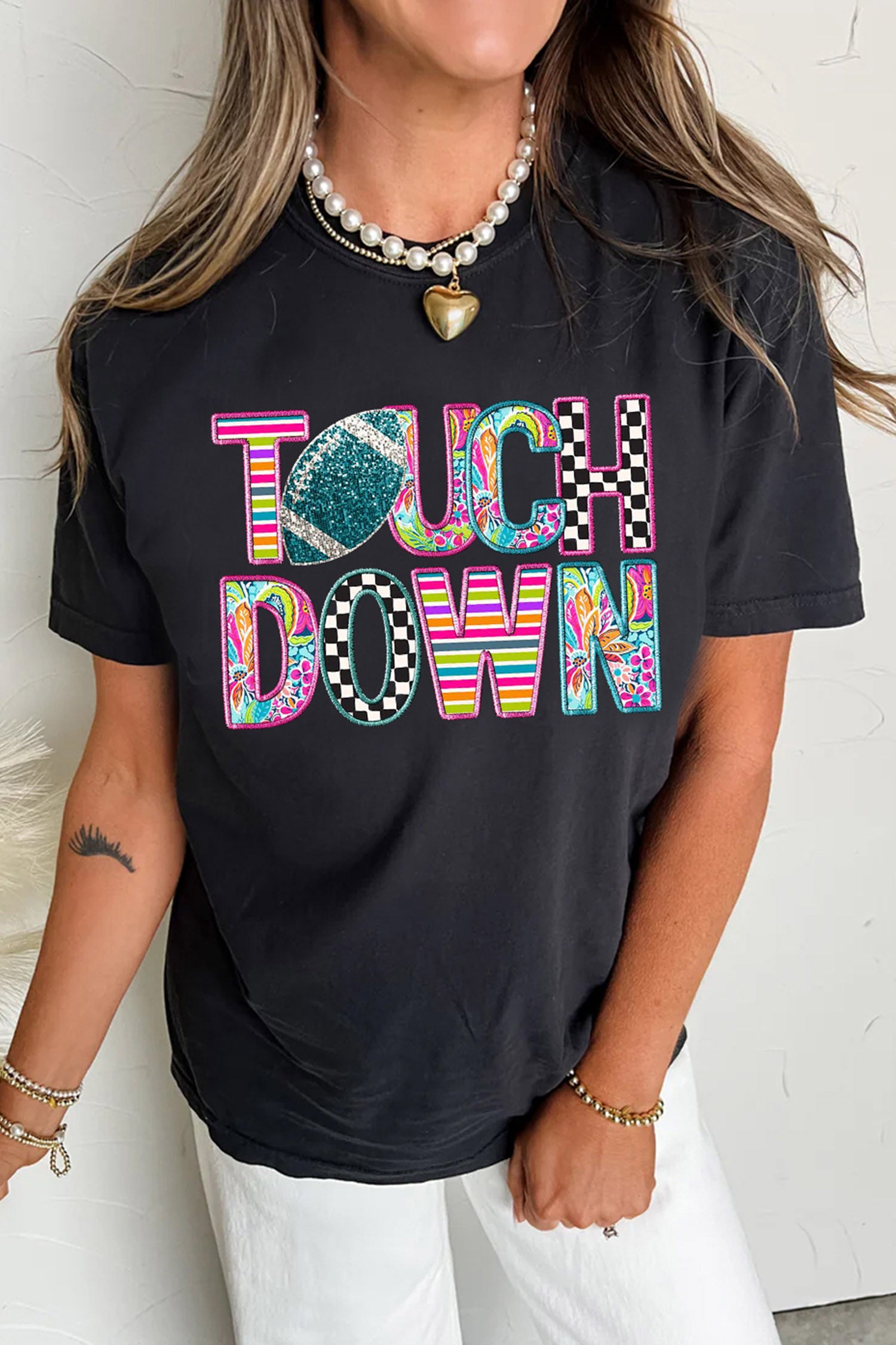 Black Playful TOUCHDOWN Letter Graphic Casual Round Neck T-Shirt