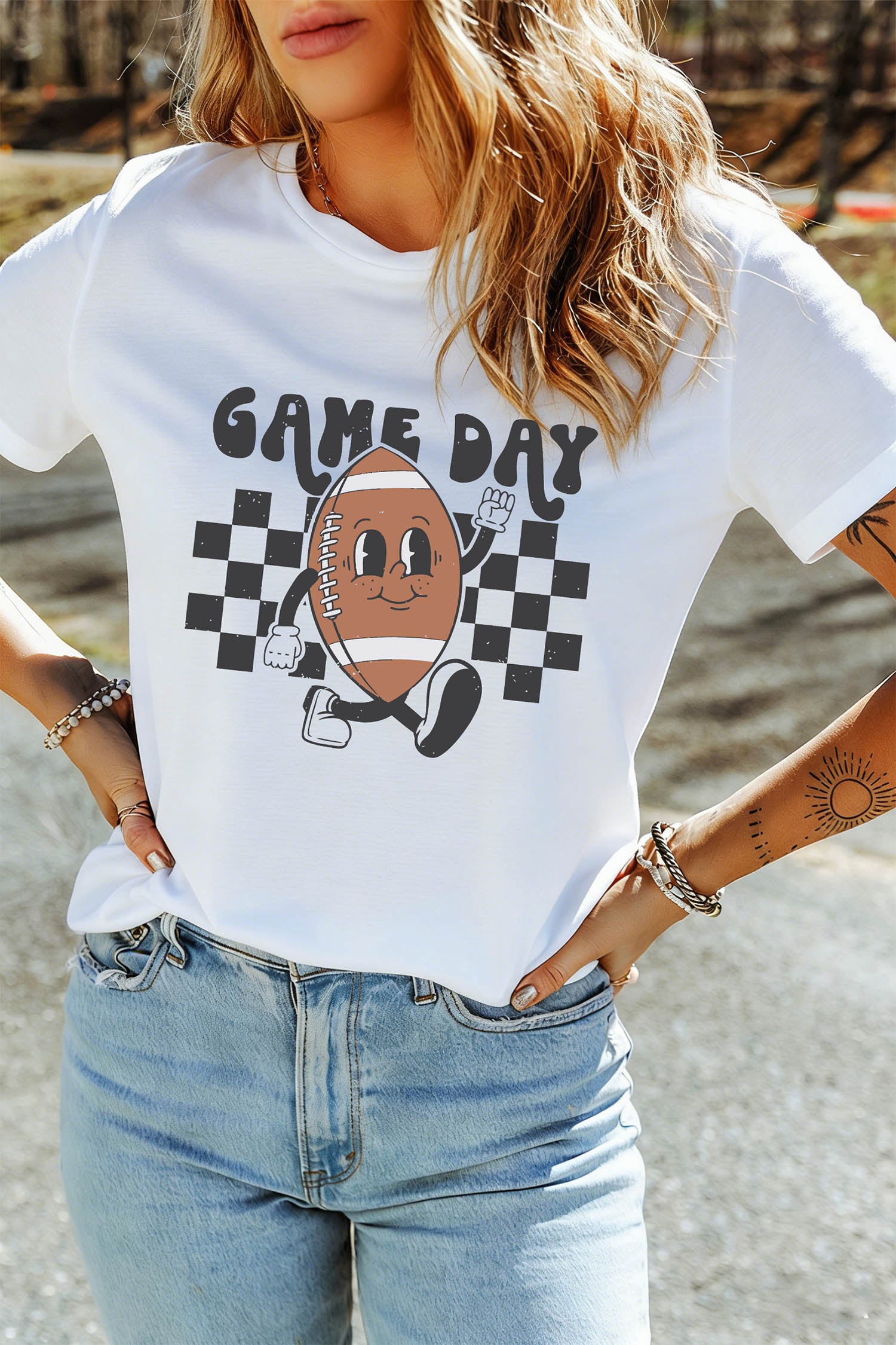 White Playful Game Day Football Printed T Shirt