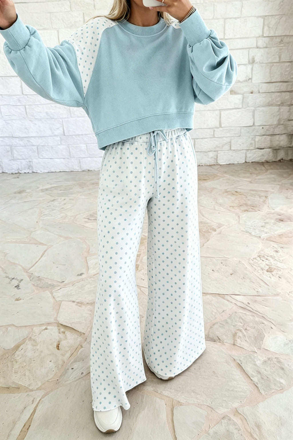 Khaki Polka Dot Patchwork Colorblock Long Sleeve Casual Two Piece Pants Set