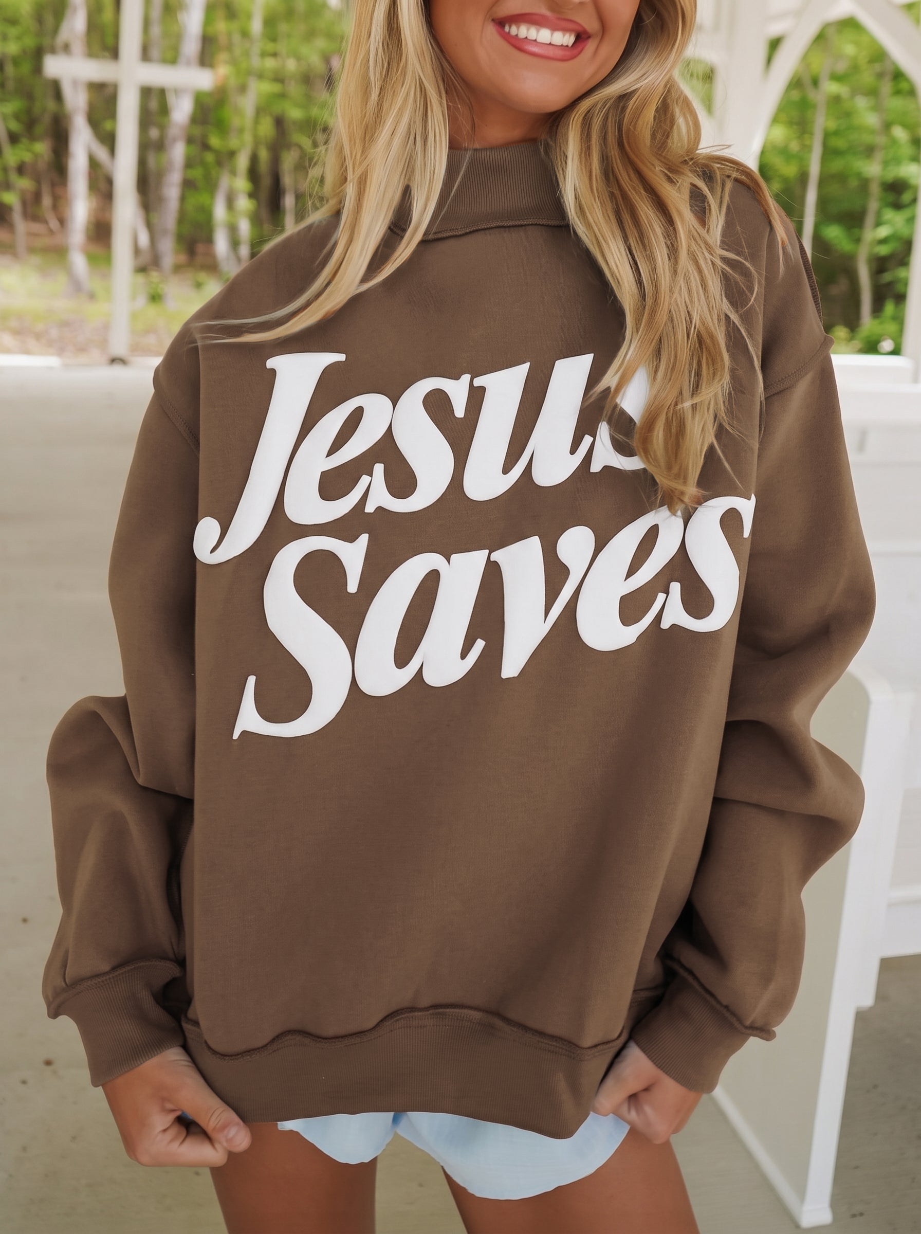 Mist Blue Jesus Saves Slogan Print Stand Neck Baggy Sweatshirt