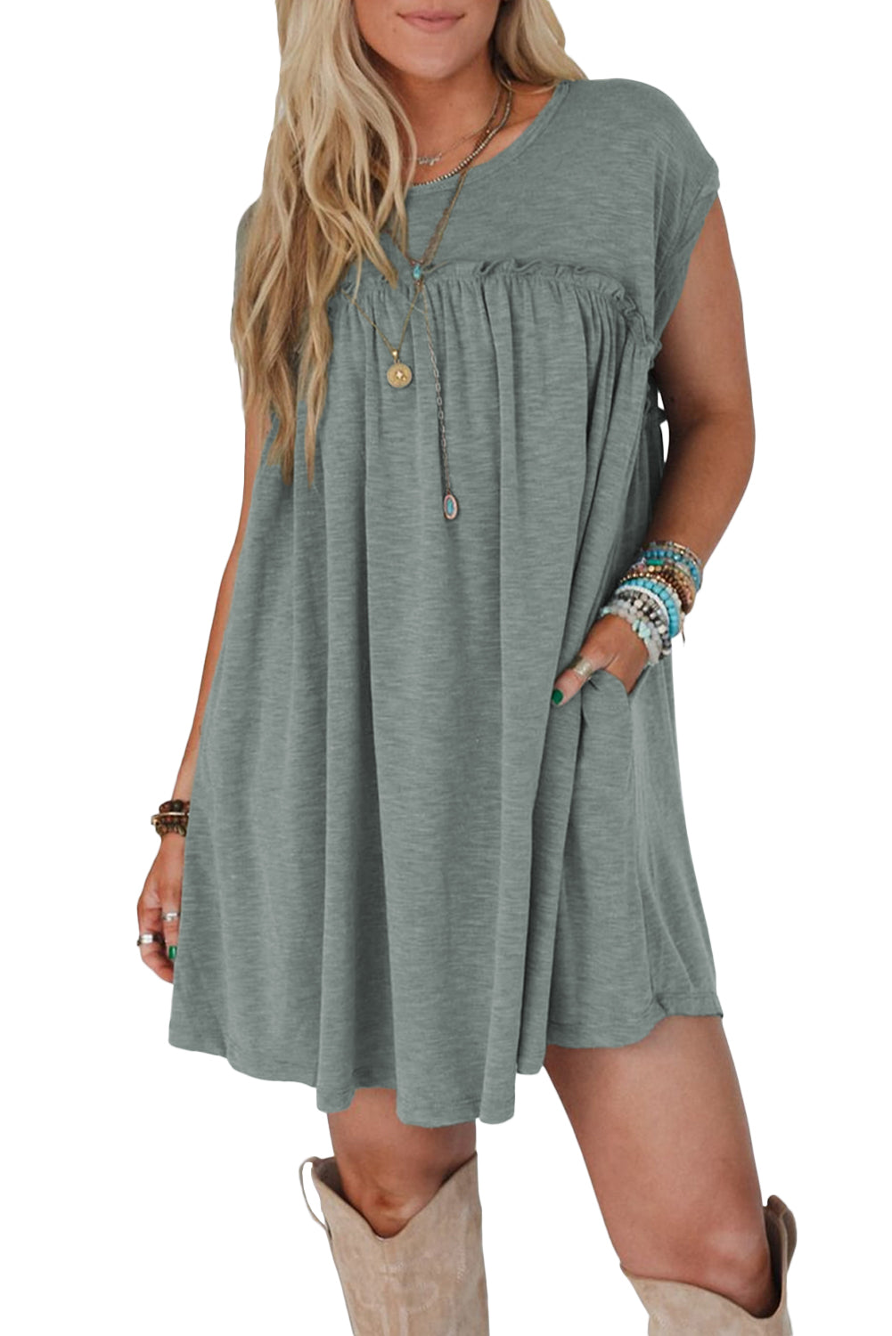 Mist Green Frilled Seam Round Neck T Shirt Dress