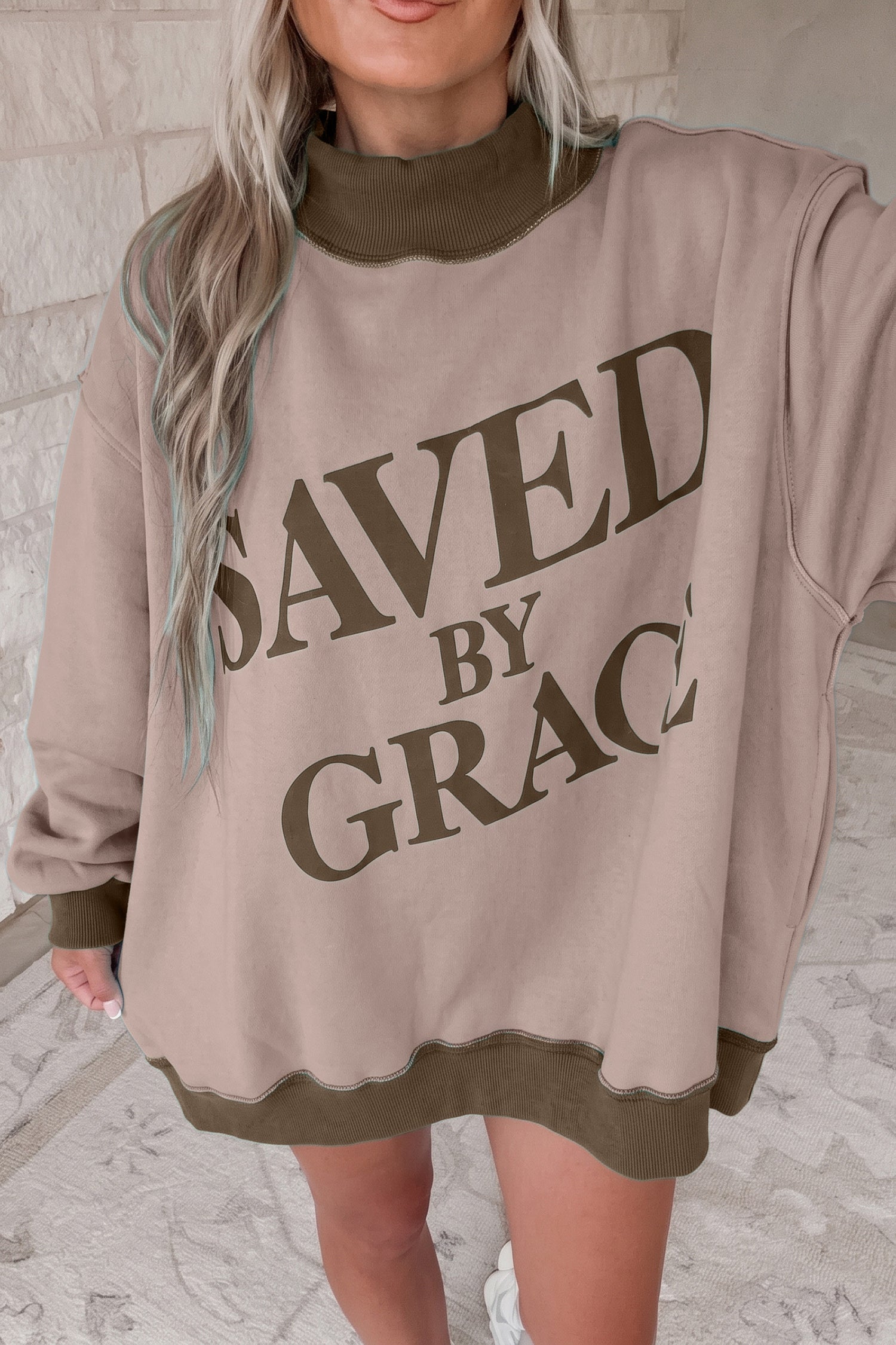 Bright Pink Saved By Grace Print Color Block Mock Neck Oversized Sweatshirt