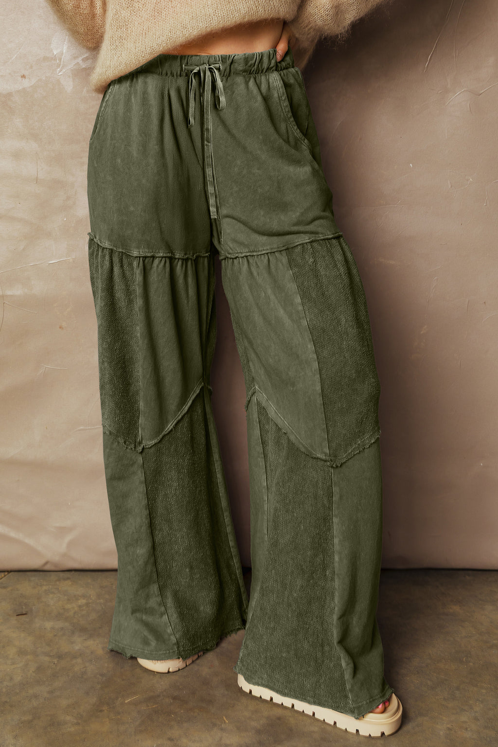 Vineyard Green Mineral Wash Tiered Wide Leg Patchwork Drawstring Pants