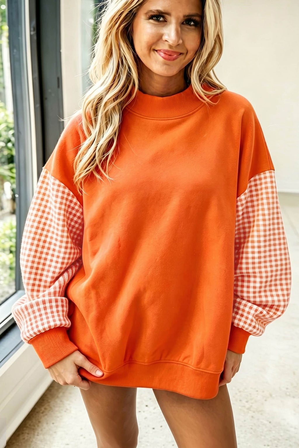 Fiery Red Plaid Sleeve Colorblock Loose Tunic Sweatshirt