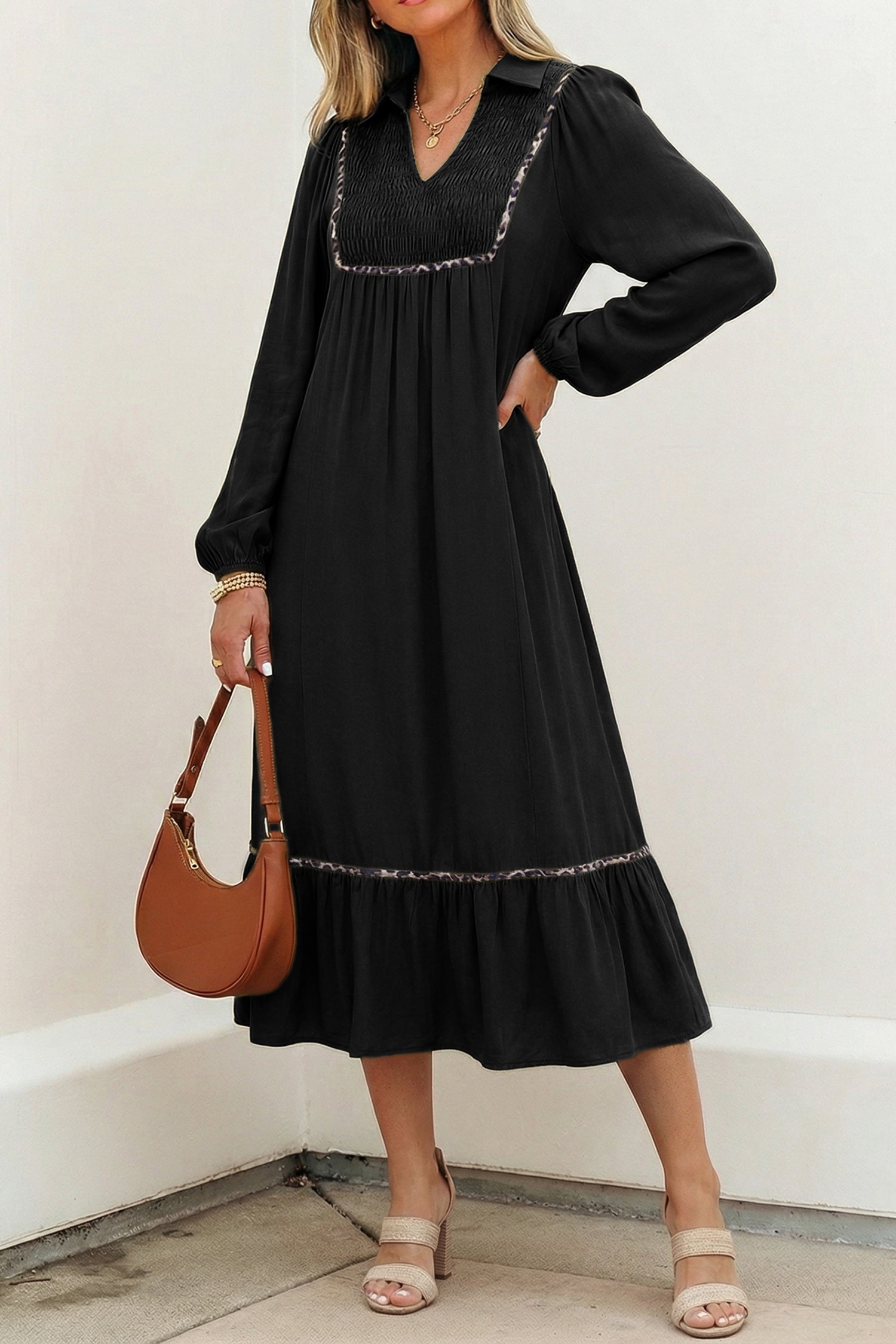Four Leaf Clover Collared V Neck Smocked Detail Contrast Leopard Trim Bracelet Sleeve Long Dress